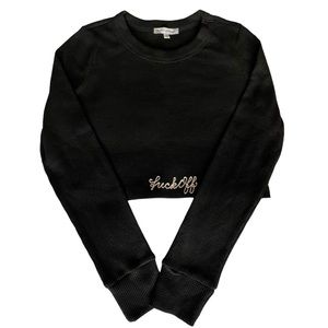 NWT black cropped thermal, chain-stitched “f*** off” by @thestonework, sz S